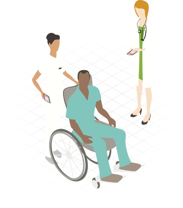 Image of nurse pushing patient in wheel chair.