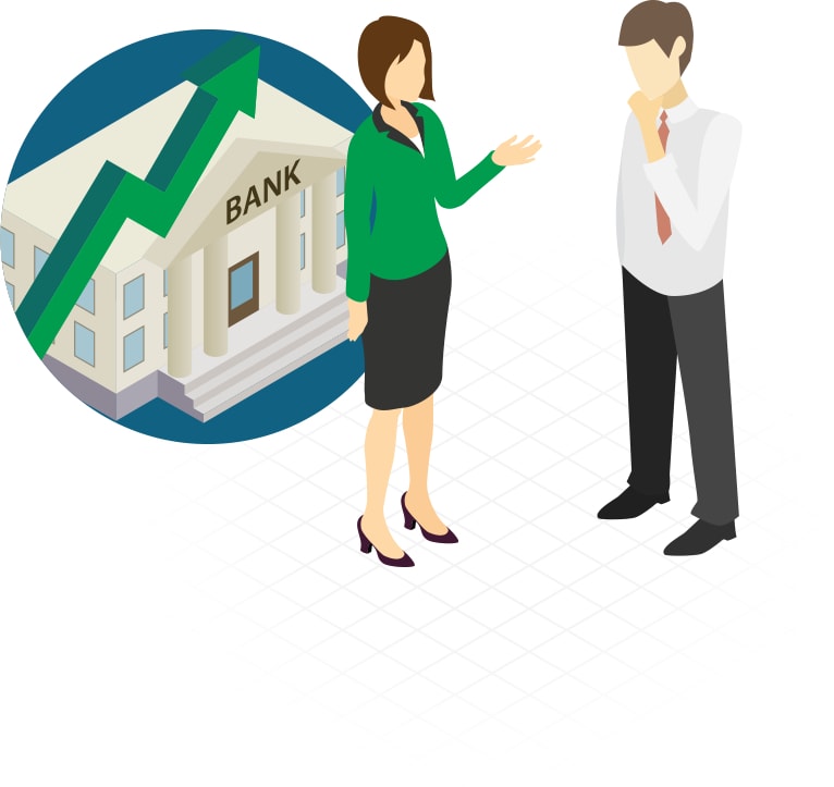 Image of a woman and man in front of bank having a discussion.