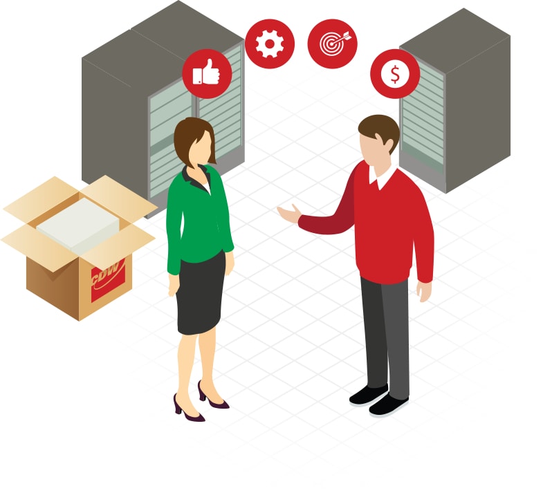 Image of a woman and man in office having a discussion about CDW solutions.