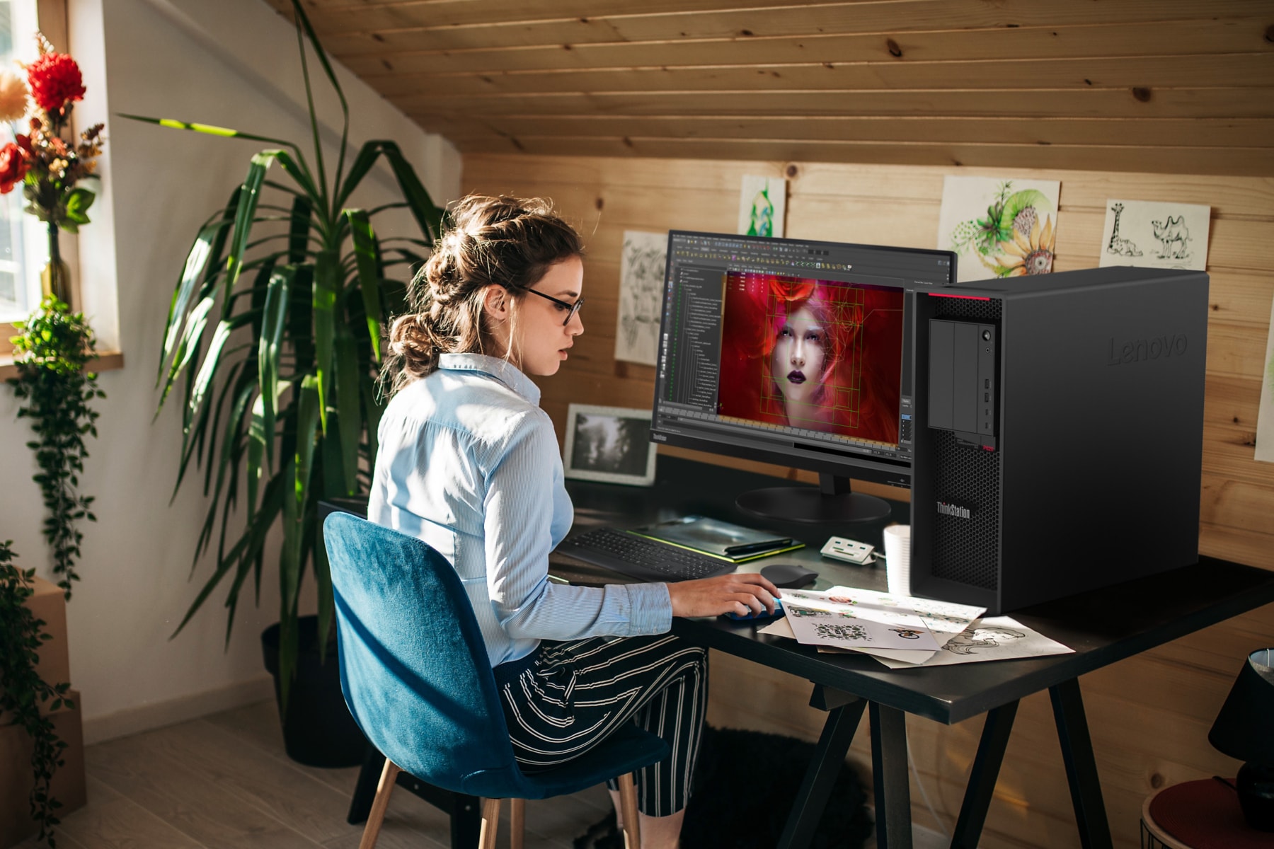 Girl working with lenovo workstation