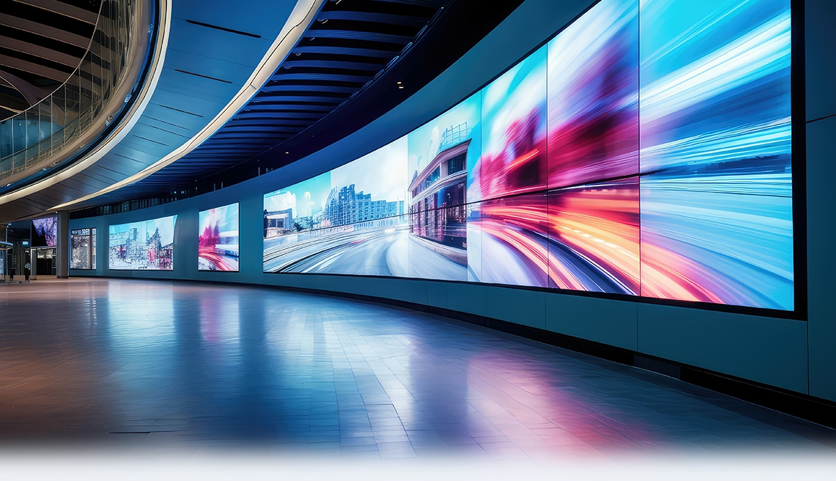 Spacious hall featuring a large video wall.