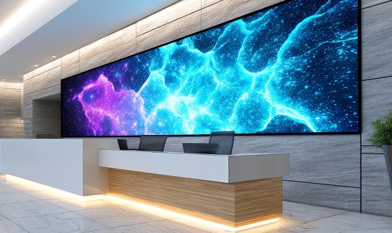 Reception desk beneath wide colorful abstract digital display.