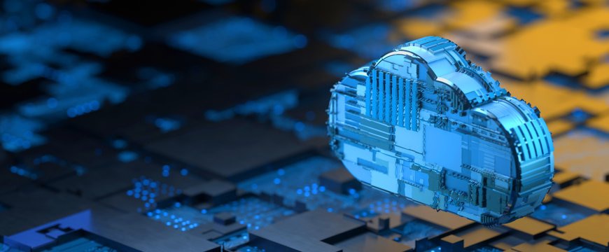 Three dimensional cloud symbol over illuminated computer hardware background