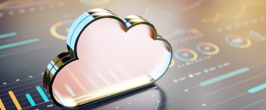 A glossy cloud icon sits above a dashboard of colorful charts and graphs, representing cloud storage, data analytics, and digital technology in a modern business context.