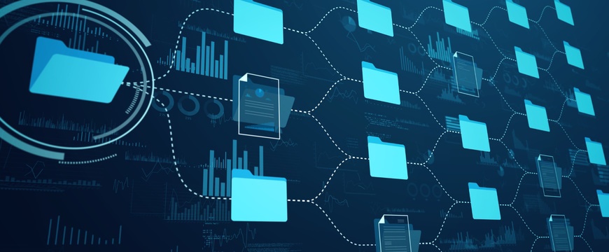 Connected digital folders and documents displayed across a data management network