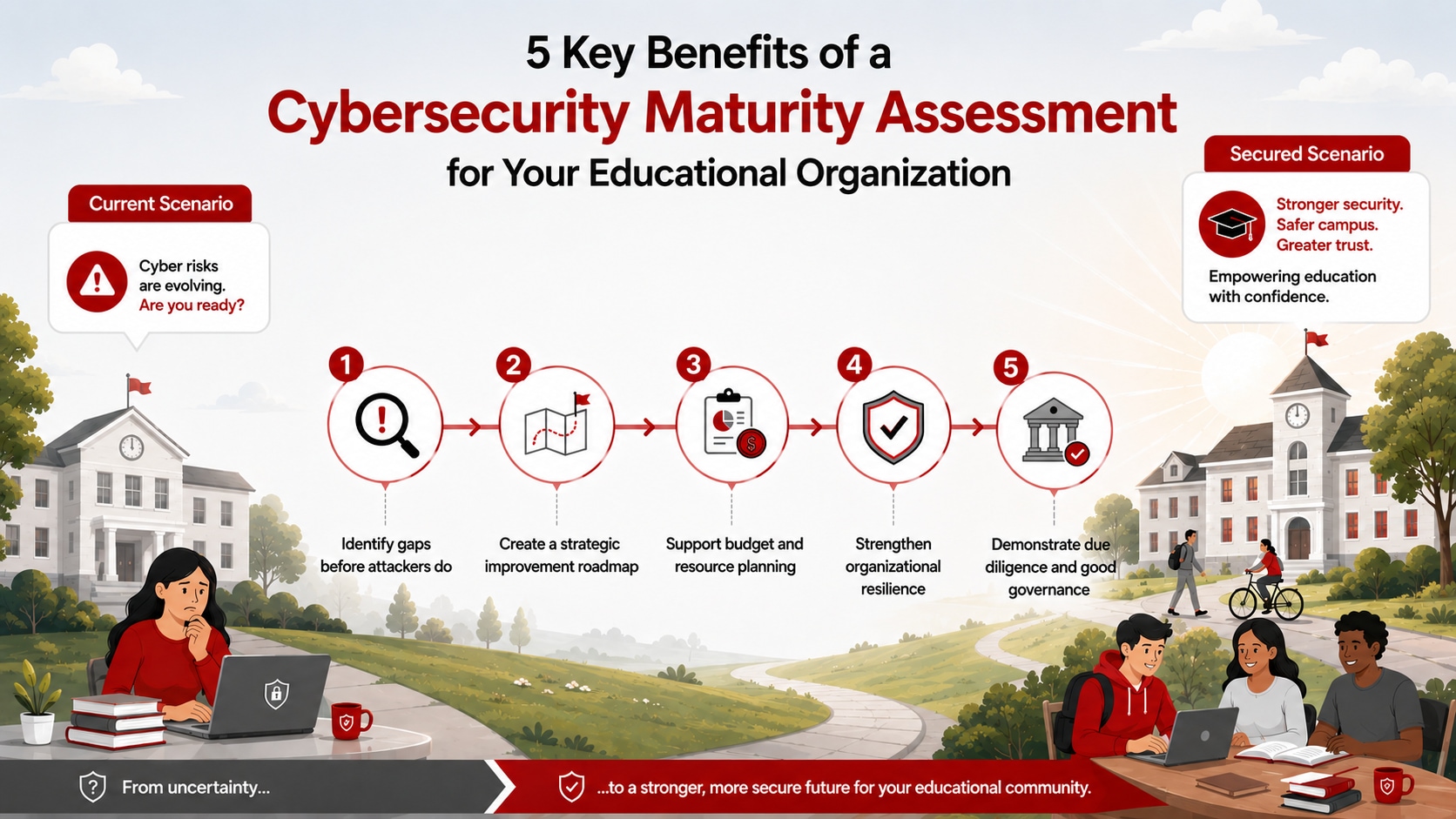 Illustrated infographic highlighting five key benefits of a cybersecurity maturity assessment for educational organizations. The visual contrasts a current scenario of evolving cyber risks with a secured scenario featuring a safer campus and confident learning environment. A central timeline shows steps including identifying gaps, creating an improvement roadmap, supporting budget and resource planning, strengthening organizational resilience, and demonstrating governance. Students and staff are depicted using laptops and tablets on a university campus, reinforcing the focus on digital security in education.