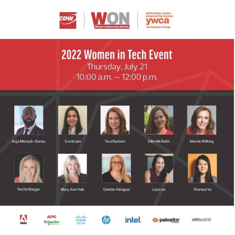 Red and black forum poster features the headshots of ten speakers at CDW’s 2022 Women in Tech Leadership Forum hosted July 21st