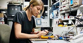 Woman in computer server room modifies technology at a desk